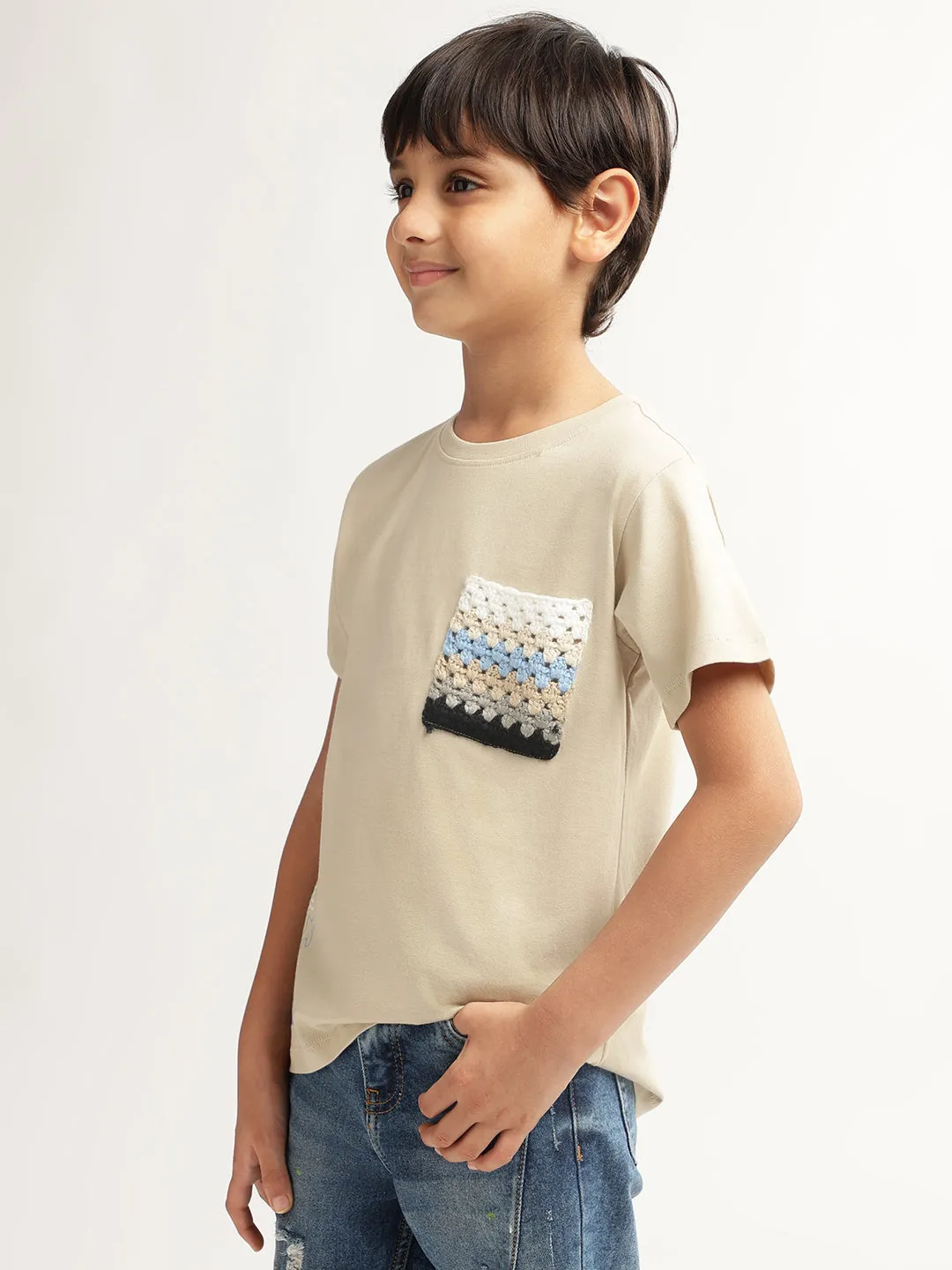 Blue Giraffe Boys Beige Solid Round Neck Short Sleeves T-Shirt