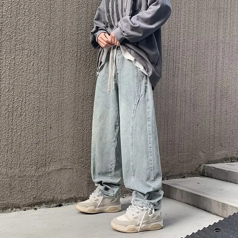 Bonsir 90s streetwear Straight Jeans Men's Spring and Autumn Japanese Men's Washed Blue Loose Wide-Leg Casual Ankle-Tied Pants Men's