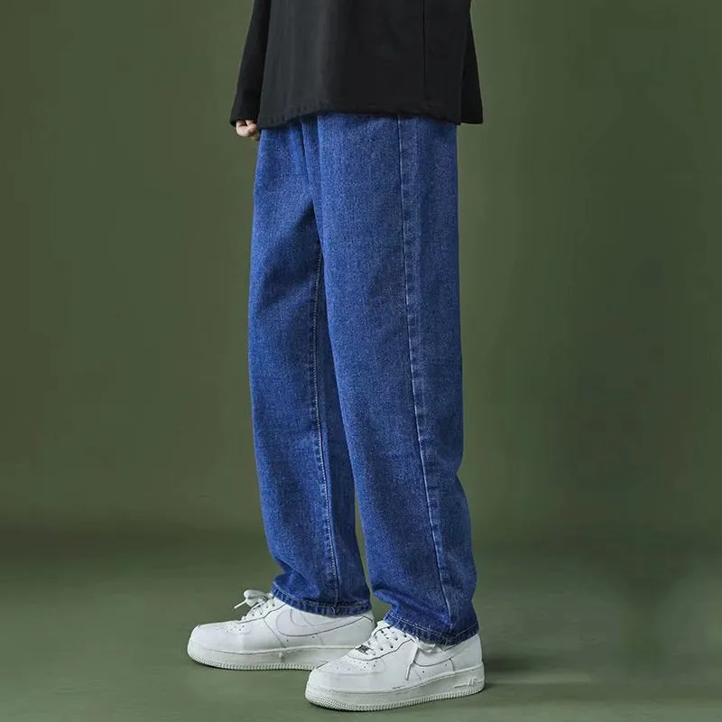 Bonsir 90s streetwear Straight Jeans Men's Spring and Autumn Japanese Men's Washed Blue Loose Wide-Leg Casual Ankle-Tied Pants Men's