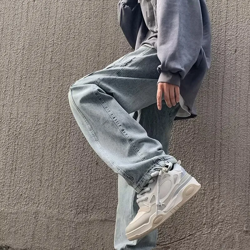 Bonsir 90s streetwear Straight Jeans Men's Spring and Autumn Japanese Men's Washed Blue Loose Wide-Leg Casual Ankle-Tied Pants Men's