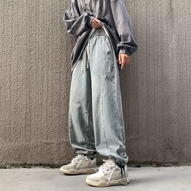 Bonsir 90s streetwear Straight Jeans Men's Spring and Autumn Japanese Men's Washed Blue Loose Wide-Leg Casual Ankle-Tied Pants Men's