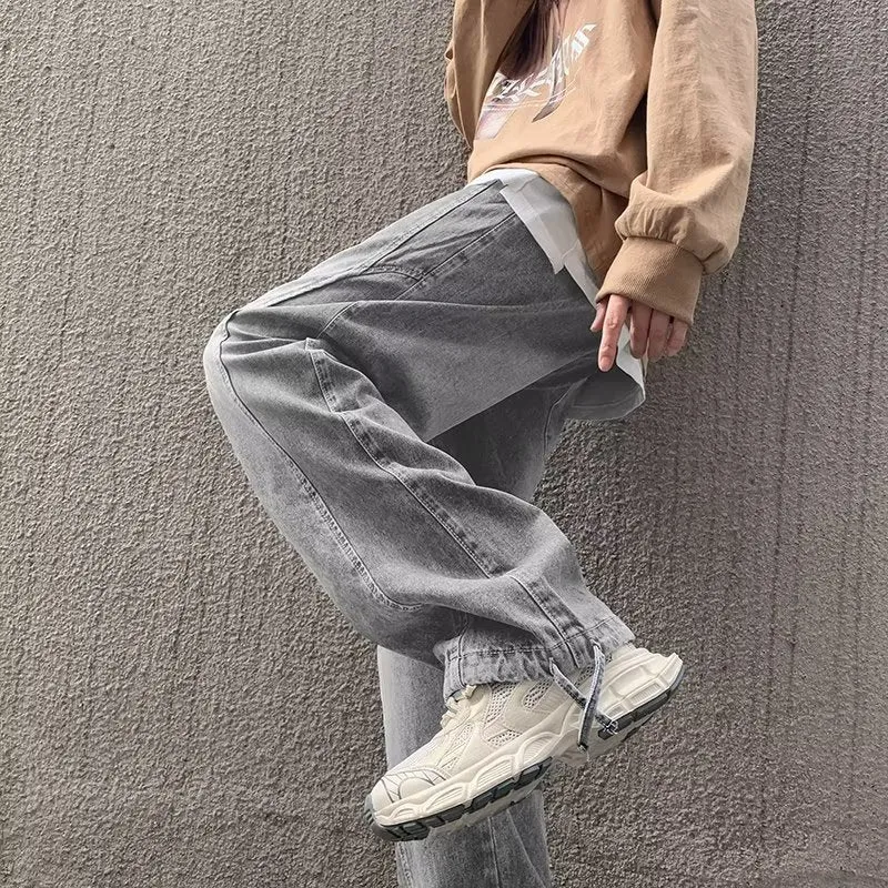 Bonsir 90s streetwear Straight Jeans Men's Spring and Autumn Japanese Men's Washed Blue Loose Wide-Leg Casual Ankle-Tied Pants Men's