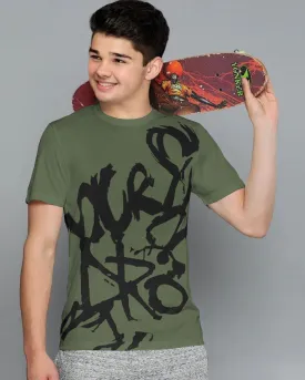 Boys Olivegreen Printed Round Neck Half Sleeve T-Shirt