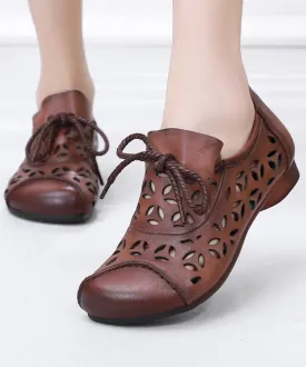 Brown Flat Shoes Cowhide Leather Fashion Hollow Out Lace Up Flat Shoes