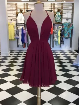 Burgundy v neck short prom dress, Burgundy short graduation homecoming dress