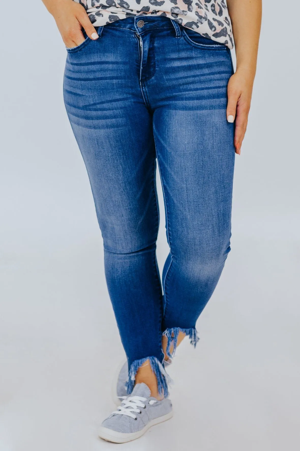 Cait Cello Dark Mid Rise Crop Skinny Fray Hem Jeans