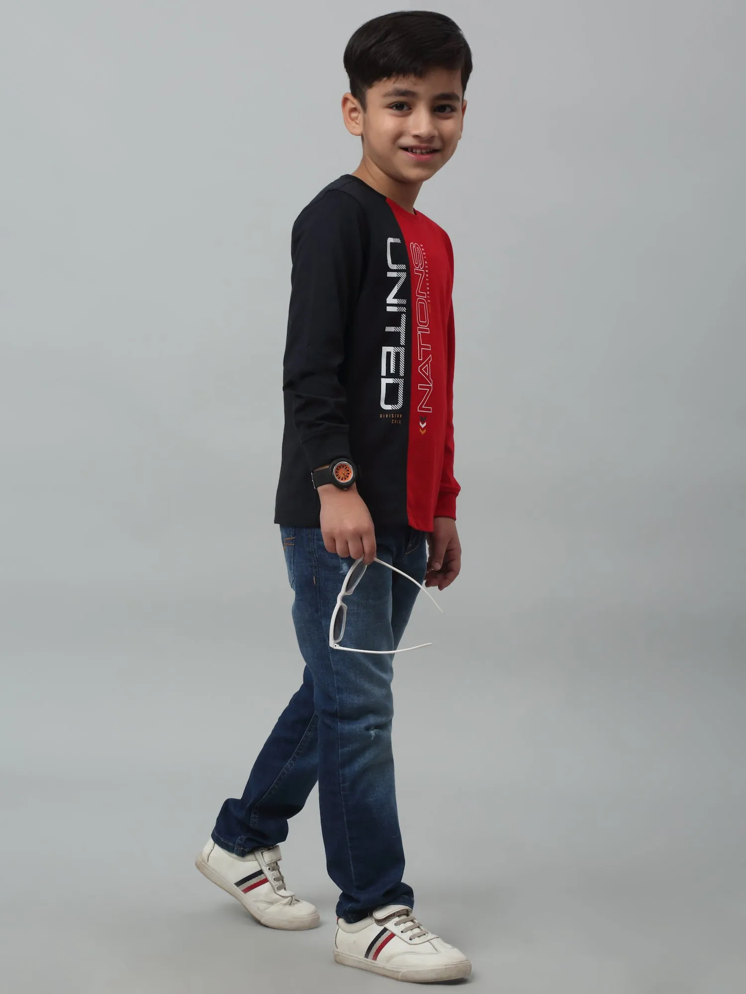 Cantabil Boys Navy Blue Color Blocked Full Sleeves Casual Cotton T-Shirt