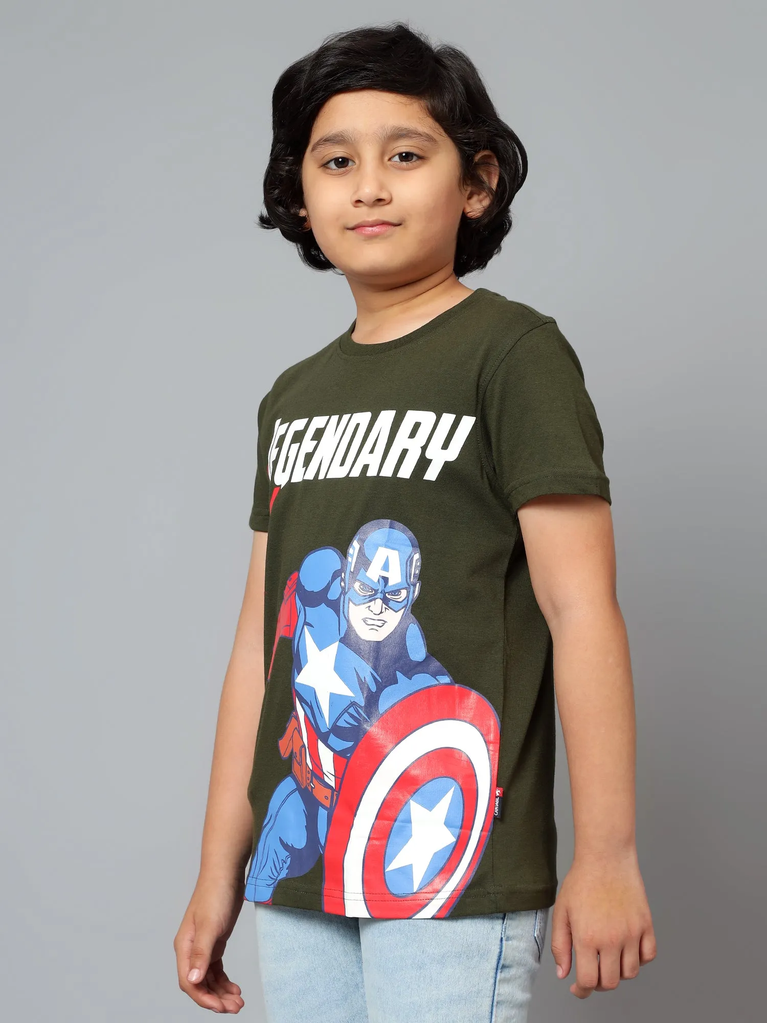 Cantabil Boy's Olive Green Printed Round Neck Half Sleeve T-shirt