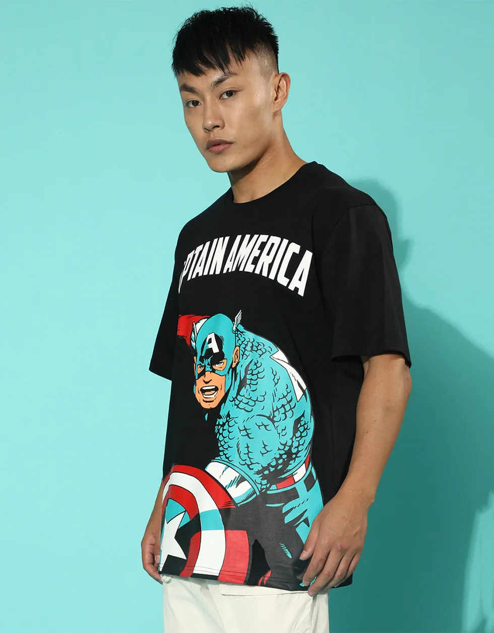 Captain America Black Oversized Front Graphic Printed Tshirt