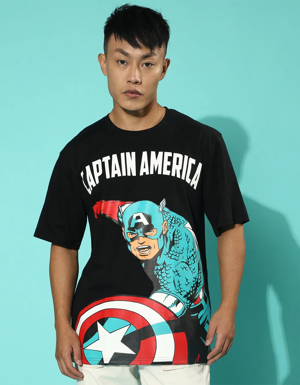 Captain America Black Oversized Front Graphic Printed Tshirt