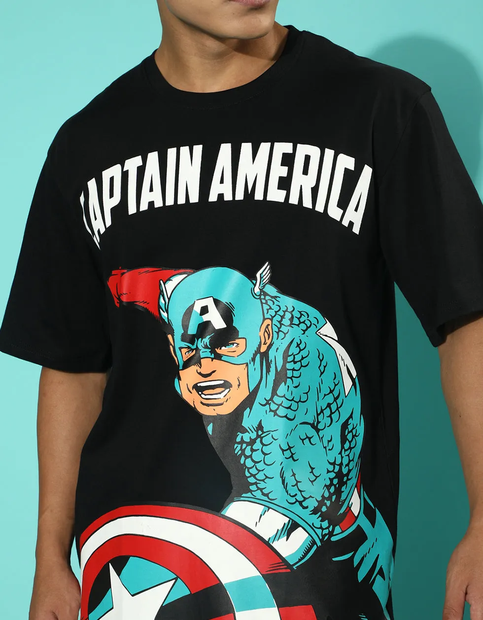 Captain America Black Oversized Front Graphic Printed Tshirt