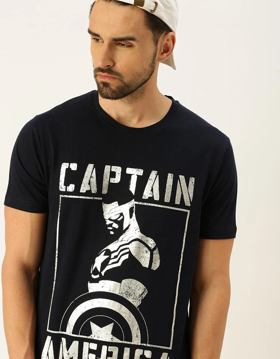 Captain America Black Regular Fit Front Graphic Printed Tshirt