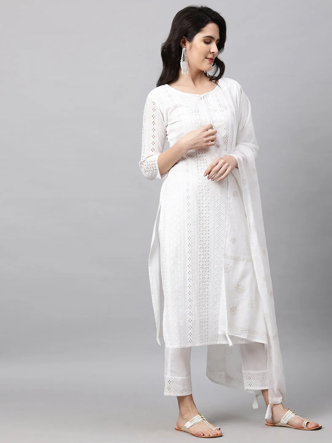 Chikankari Kurta with Pant and Rogan Dupatta - White