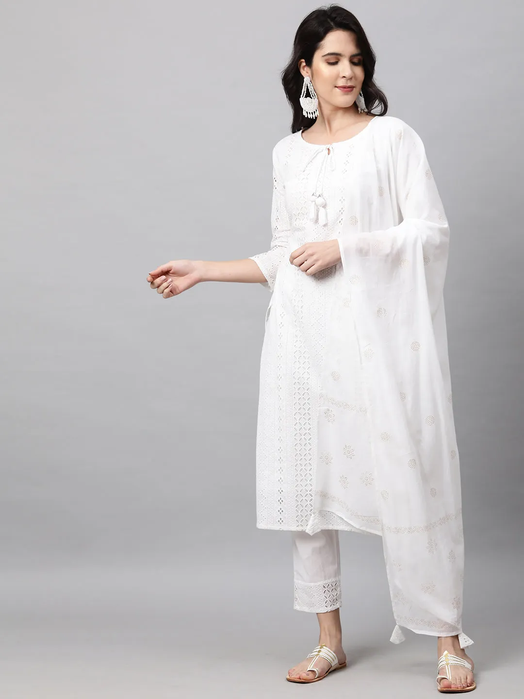 Chikankari Kurta with Pant and Rogan Dupatta - White