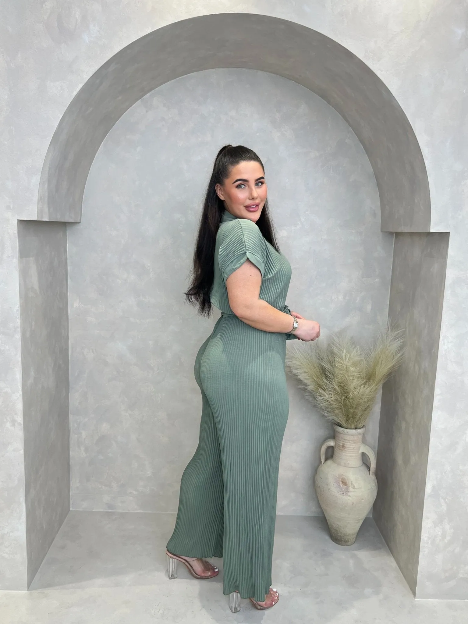 Curve Khaki Ribbed Effect Belted Jumpsuit