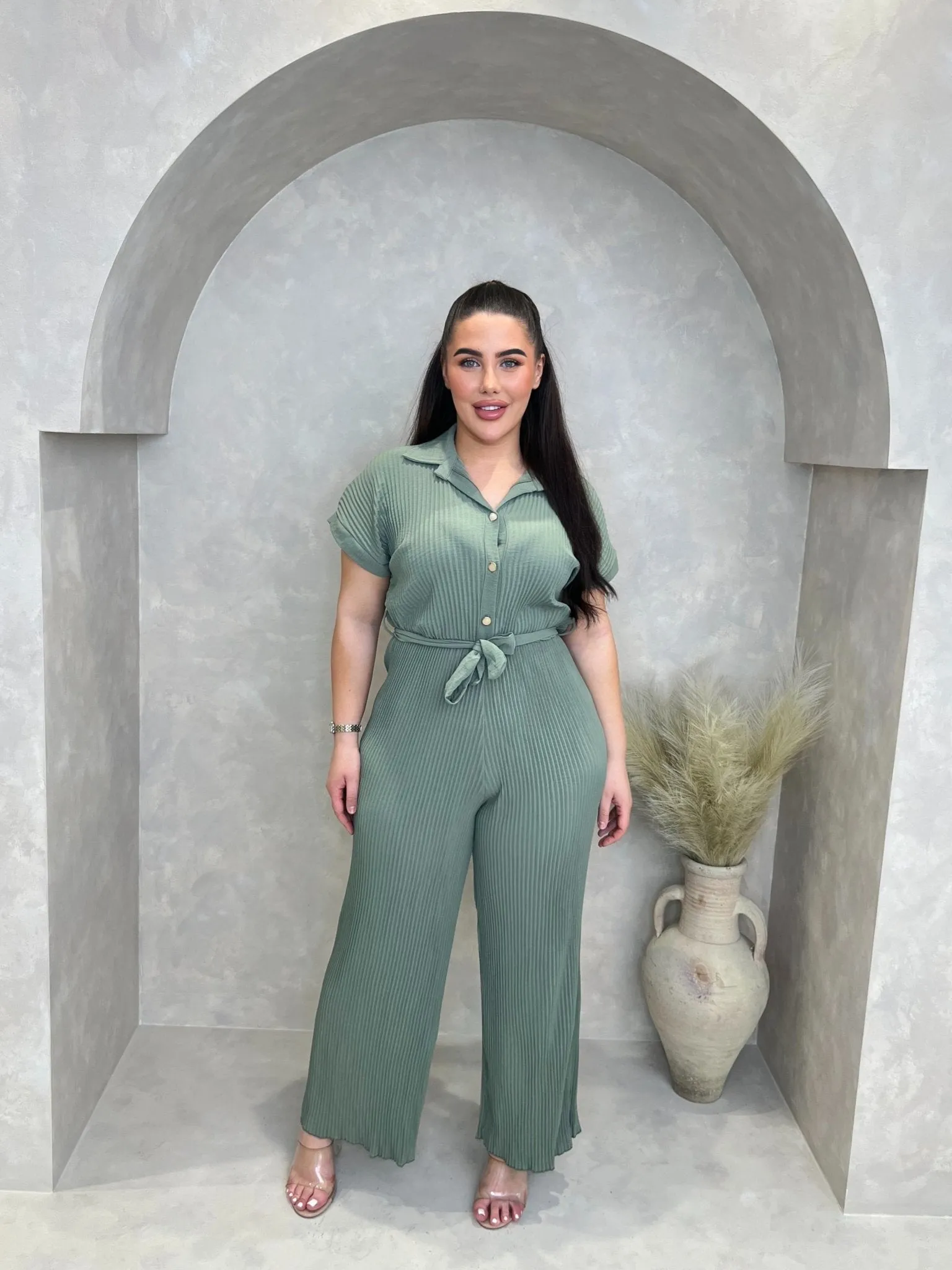 Curve Khaki Ribbed Effect Belted Jumpsuit