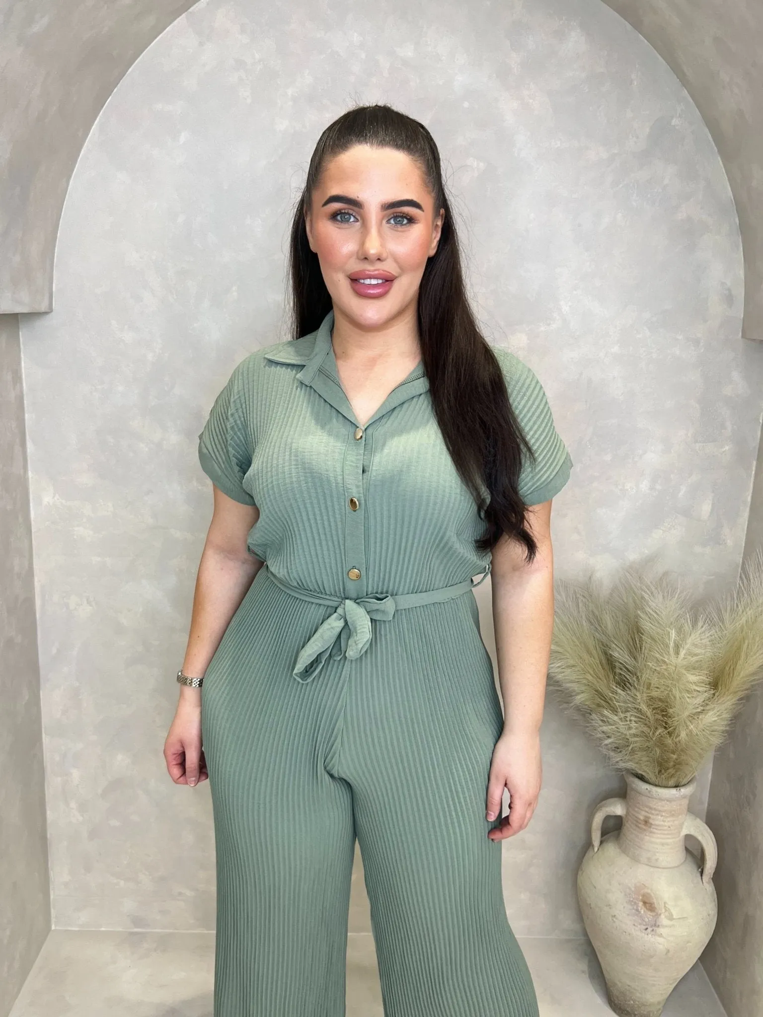 Curve Khaki Ribbed Effect Belted Jumpsuit