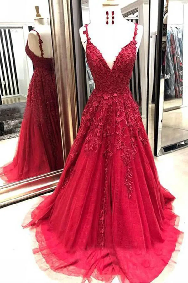 Dark Red A Line V Neck Spaghetti Straps Open Back Prom Dresses with Appliques, SP567