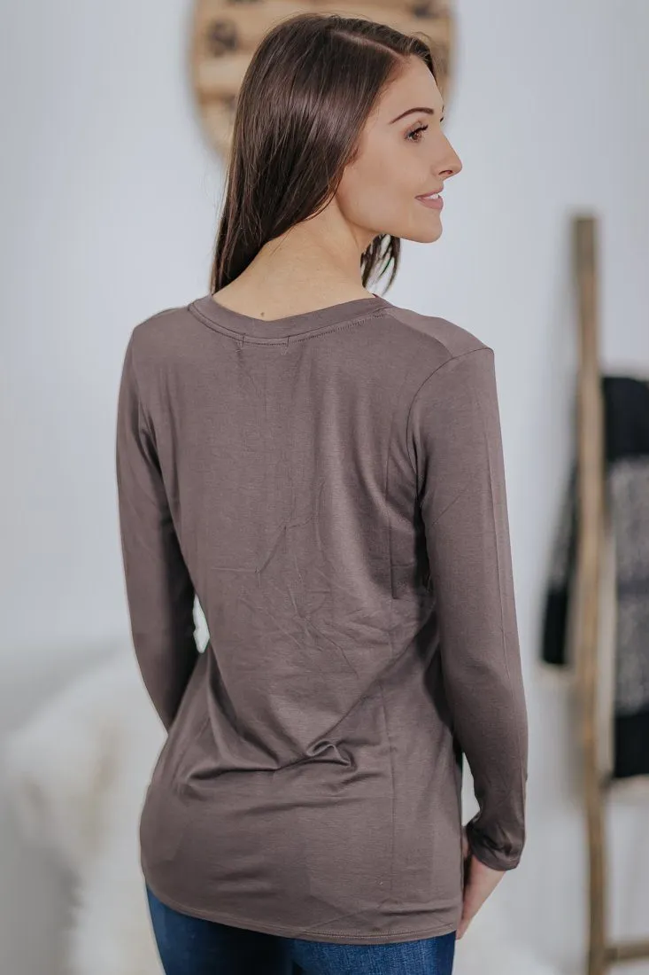 *DEAL* Only Hope Remains Long Sleeve V Neck Top in Dark Mocha