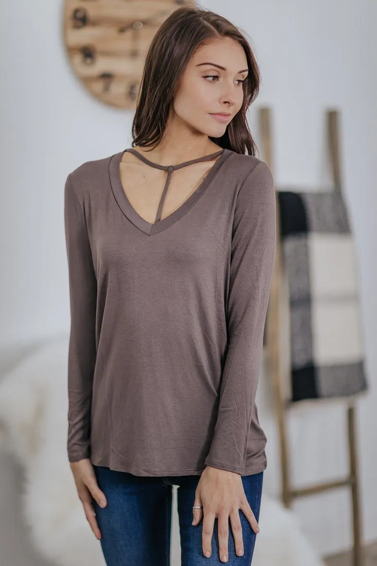 *DEAL* Only Hope Remains Long Sleeve V Neck Top in Dark Mocha