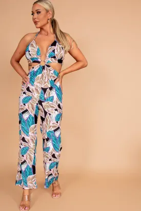 Dora Teal Leaf Print Jumpsuit