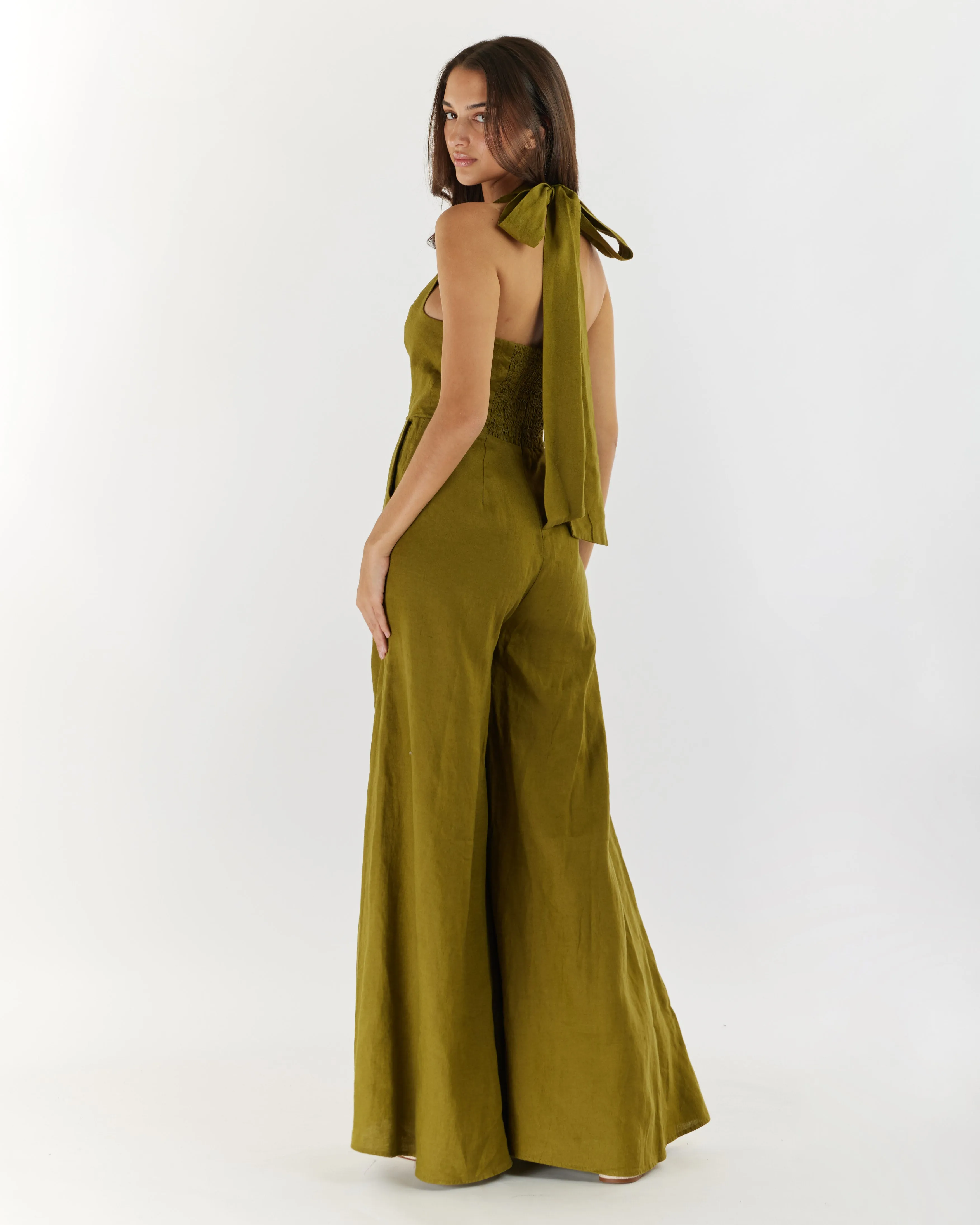 Eloise Linen Halter Jumpsuit - Olive