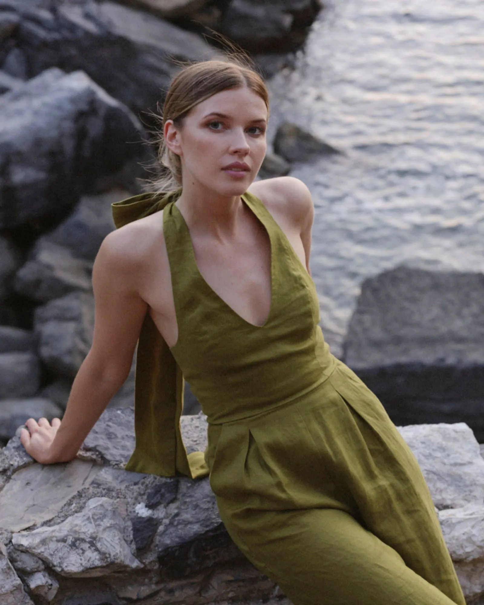 Eloise Linen Halter Jumpsuit - Olive