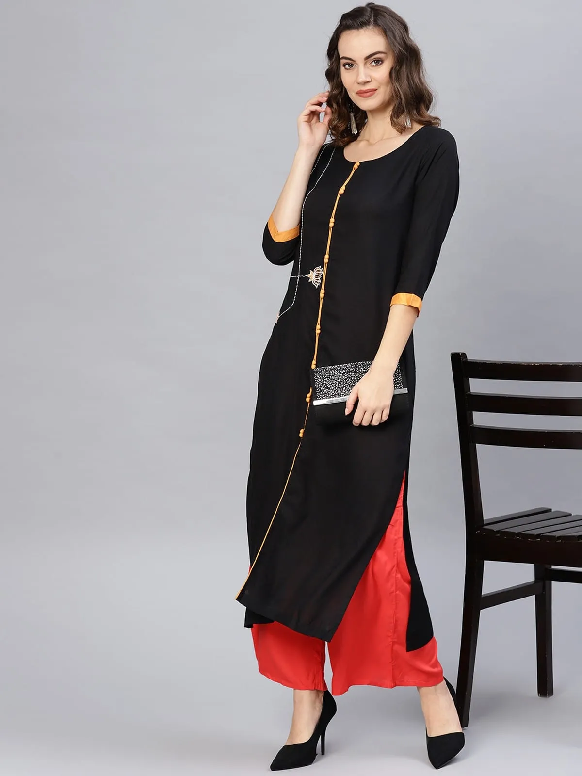 Embroidered Black Straight Kurta