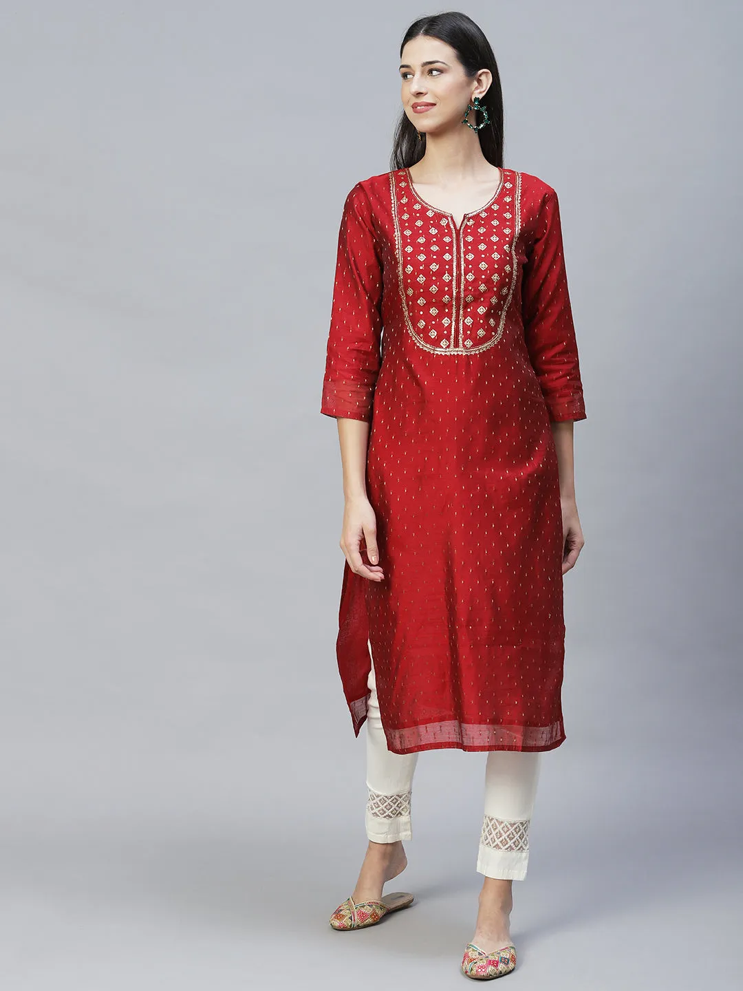 Ethnic Embroidered Straight Fit Kurta with Dupatta - Maroon