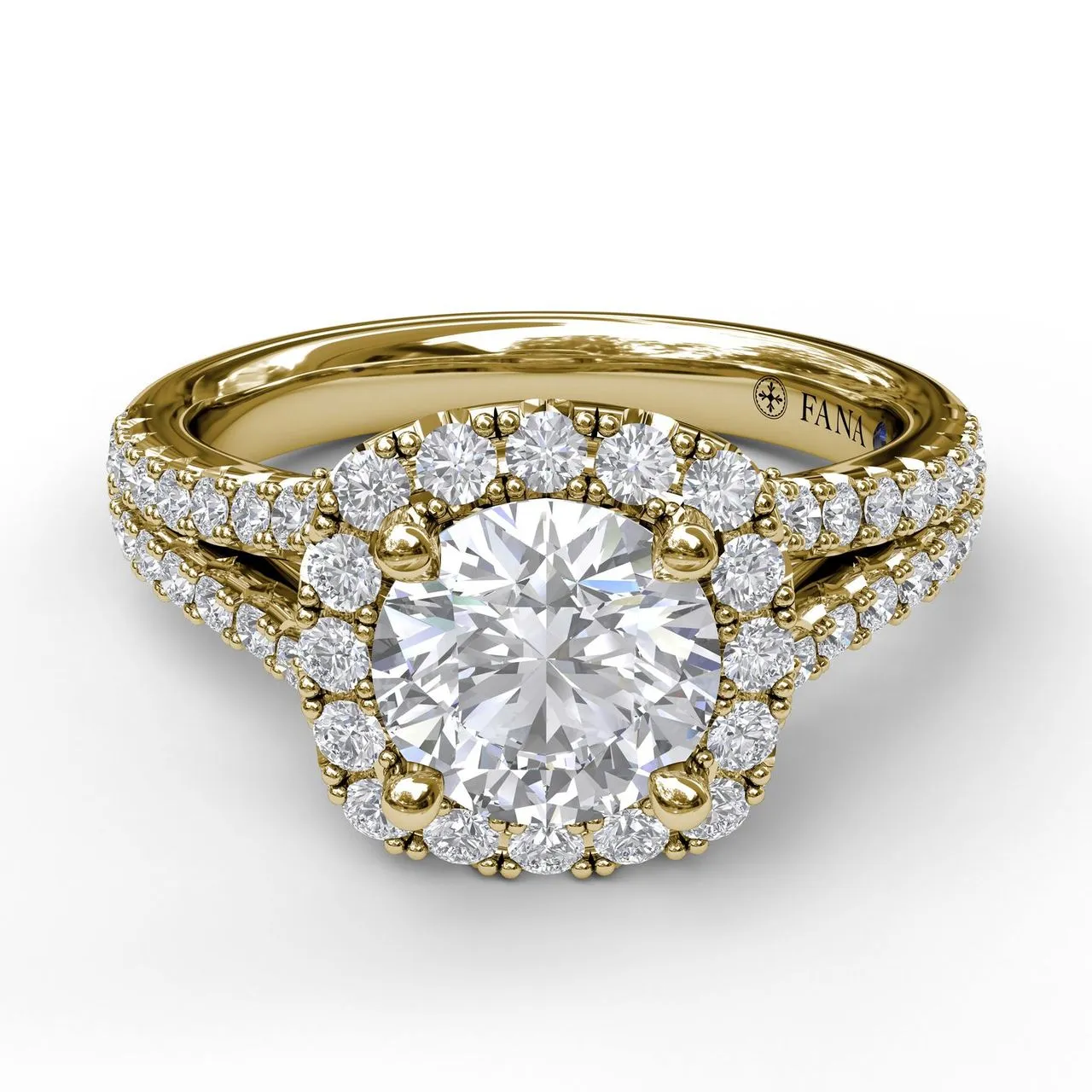 Fana Cushion Halo Engagement Ring with a Diamond Encrusted Split Band 3891