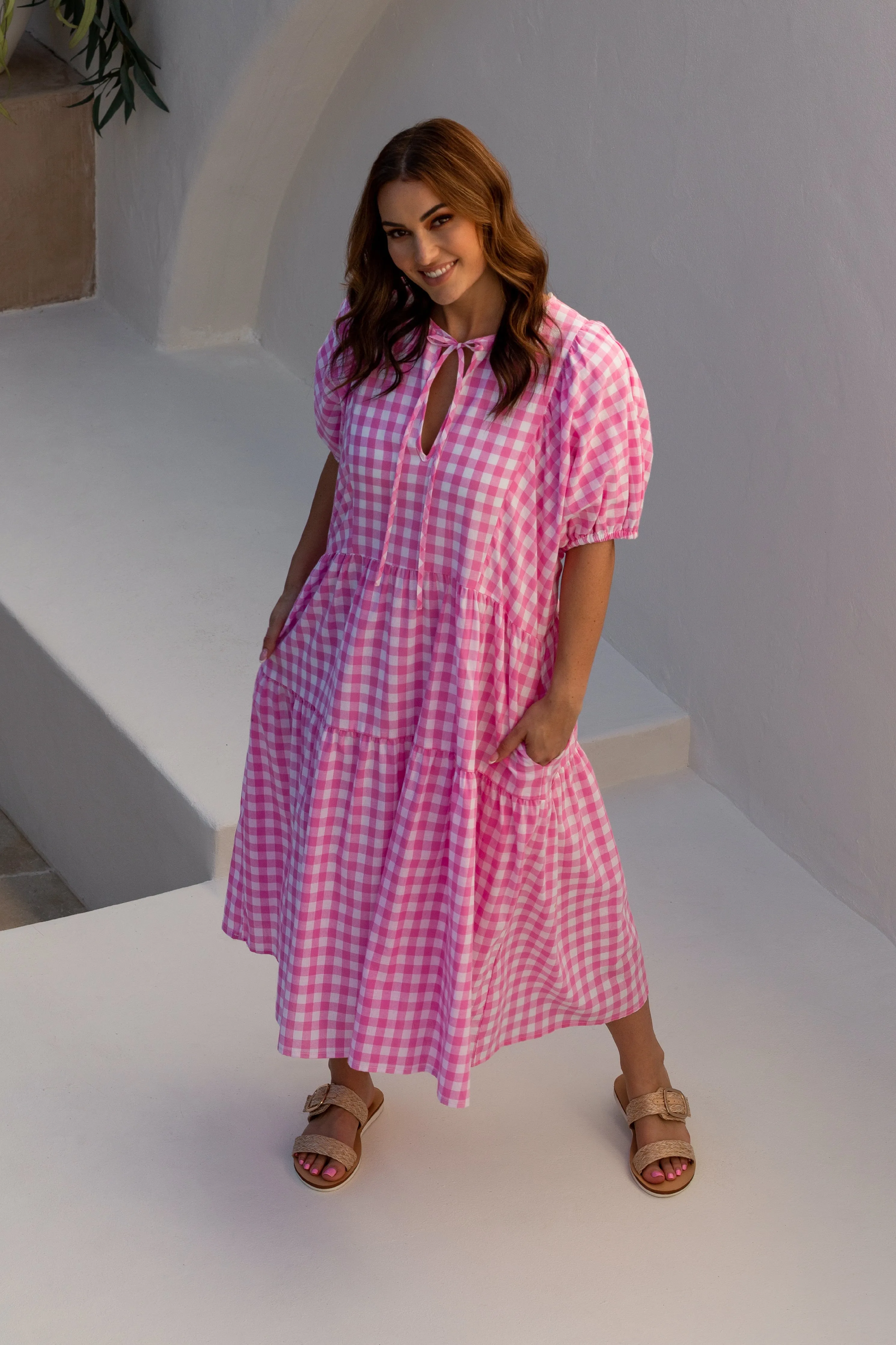 FINAL SALE Roamer Midi Dress in Blush Gingham