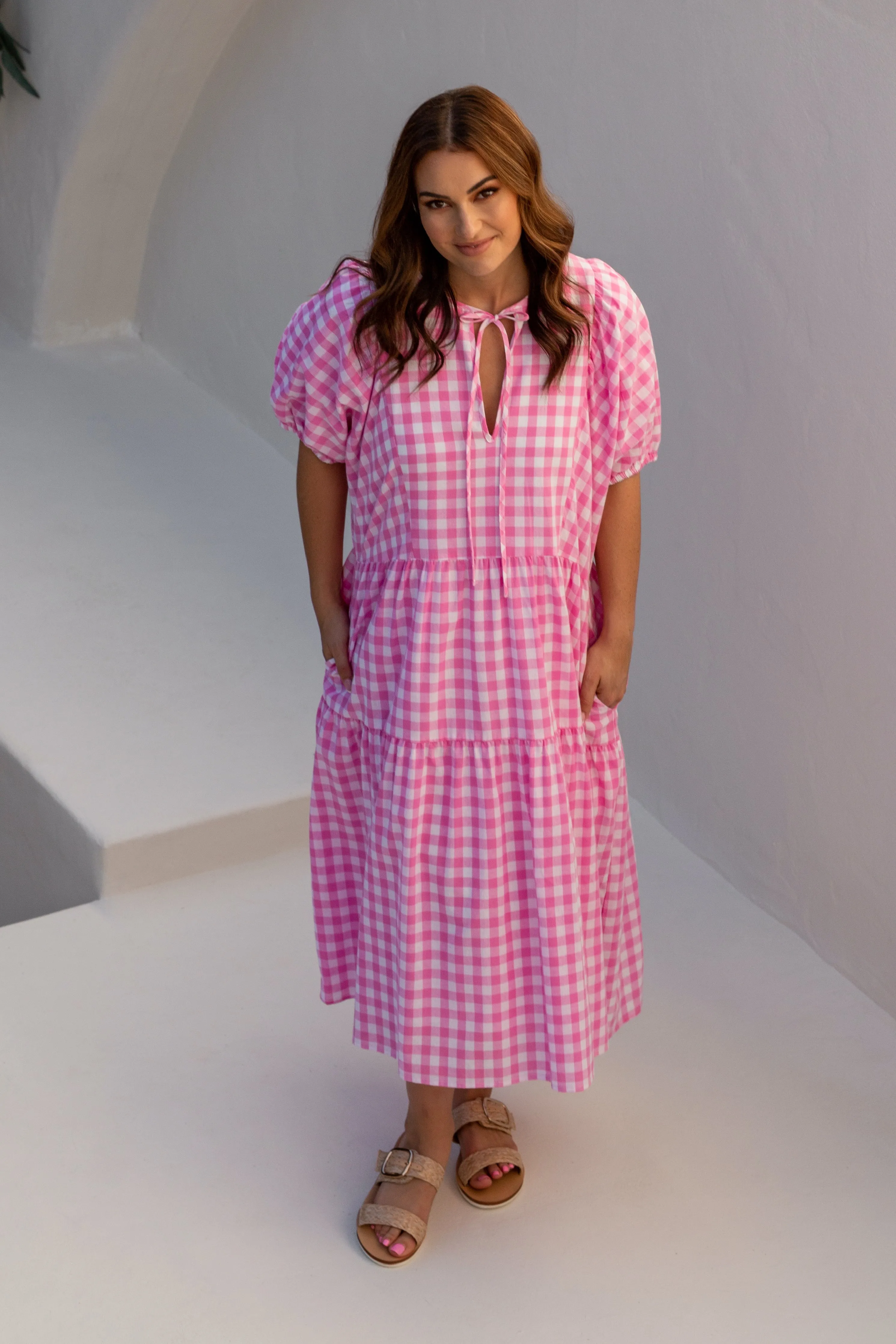 FINAL SALE Roamer Midi Dress in Blush Gingham