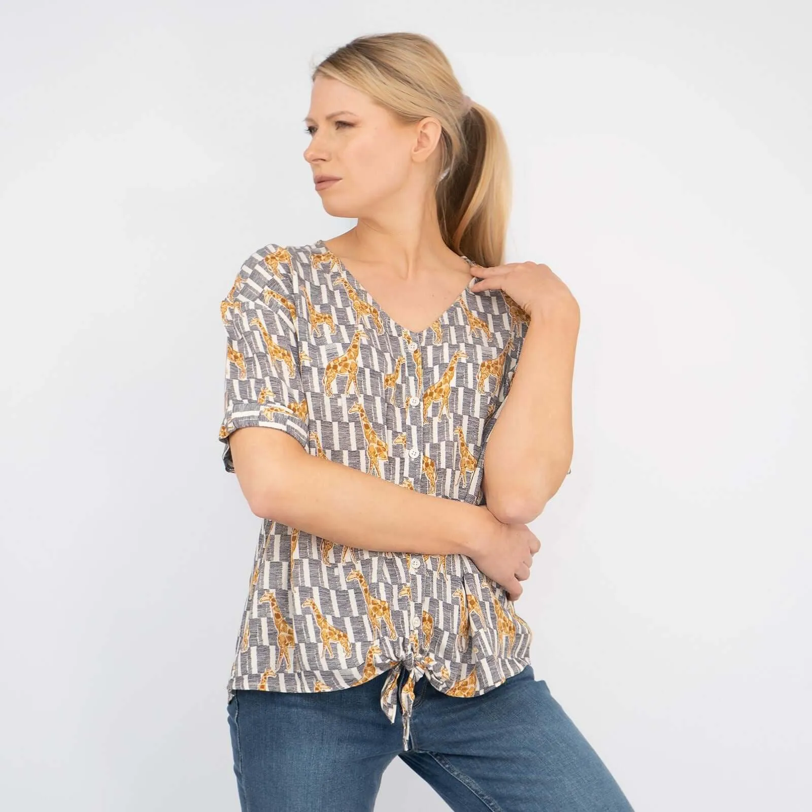 Giraffe Print Short Sleeve Relaxed Fit Tie-Knot Women's Summer Tops