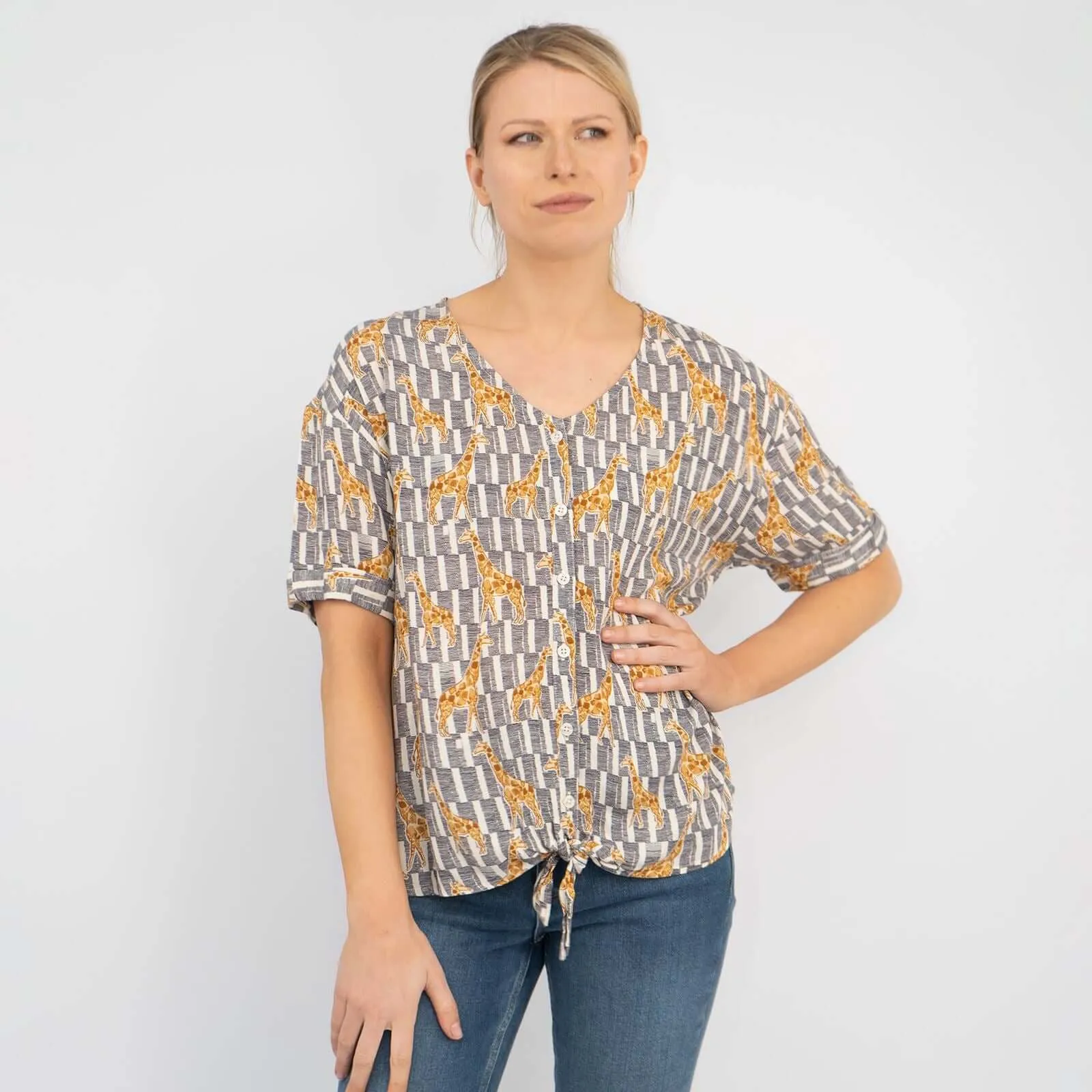 Giraffe Print Short Sleeve Relaxed Fit Tie-Knot Women's Summer Tops