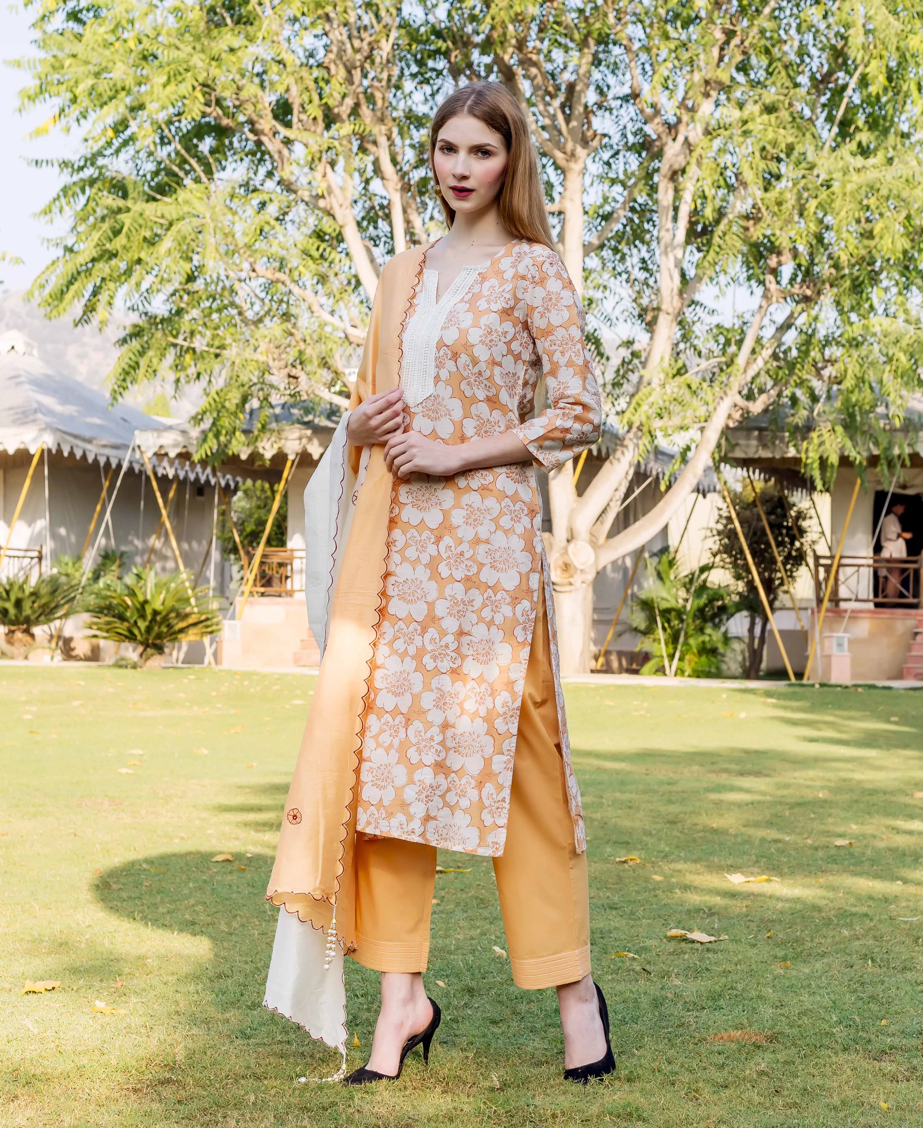 Golden Yellow Block Printed Chanderi Kurta