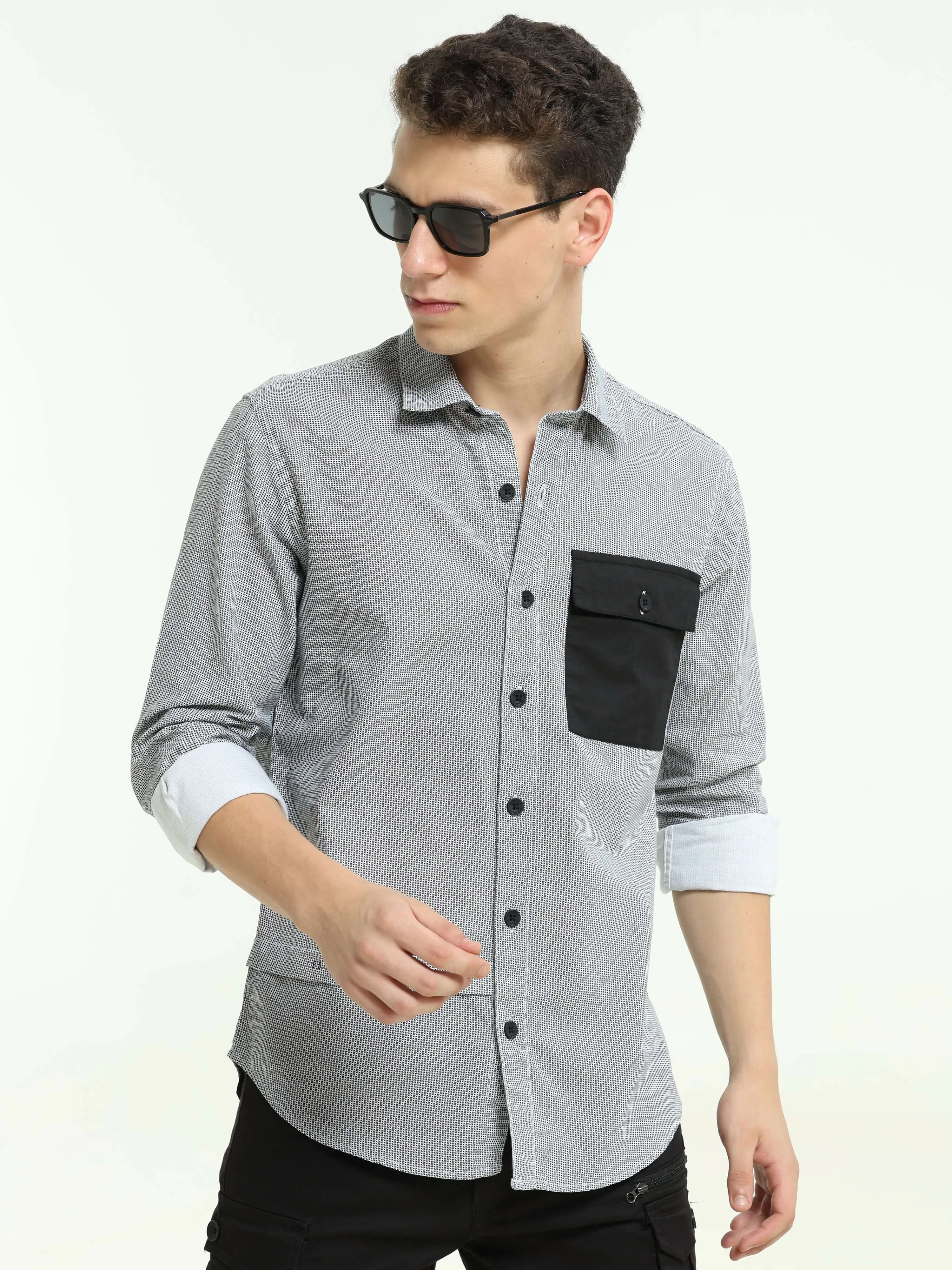 Grey contrast patch solid shirt