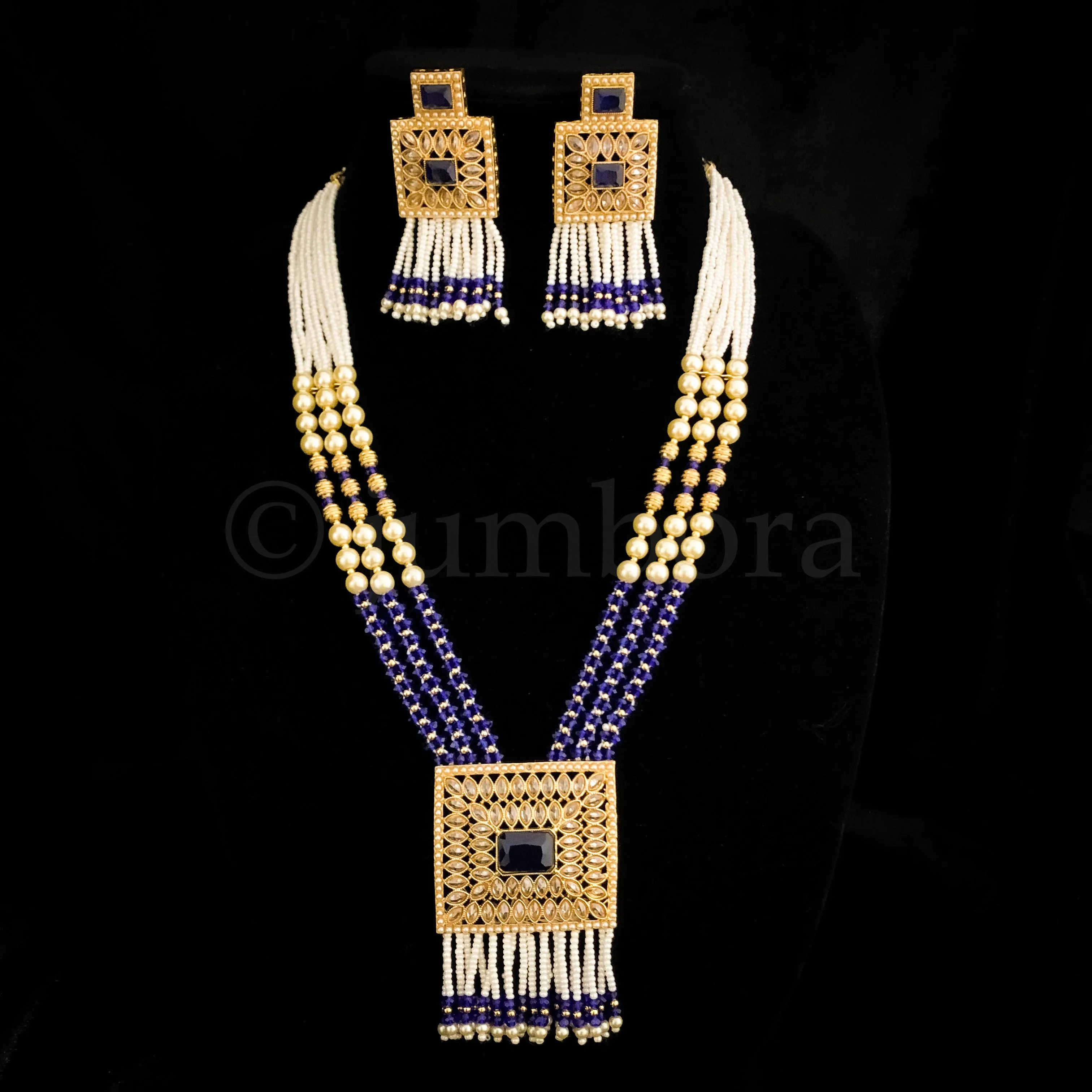 Handmade Designer Beautiful Royal Blue and Pearl Beaded Mala Necklace set with Square pendant and LCD stones