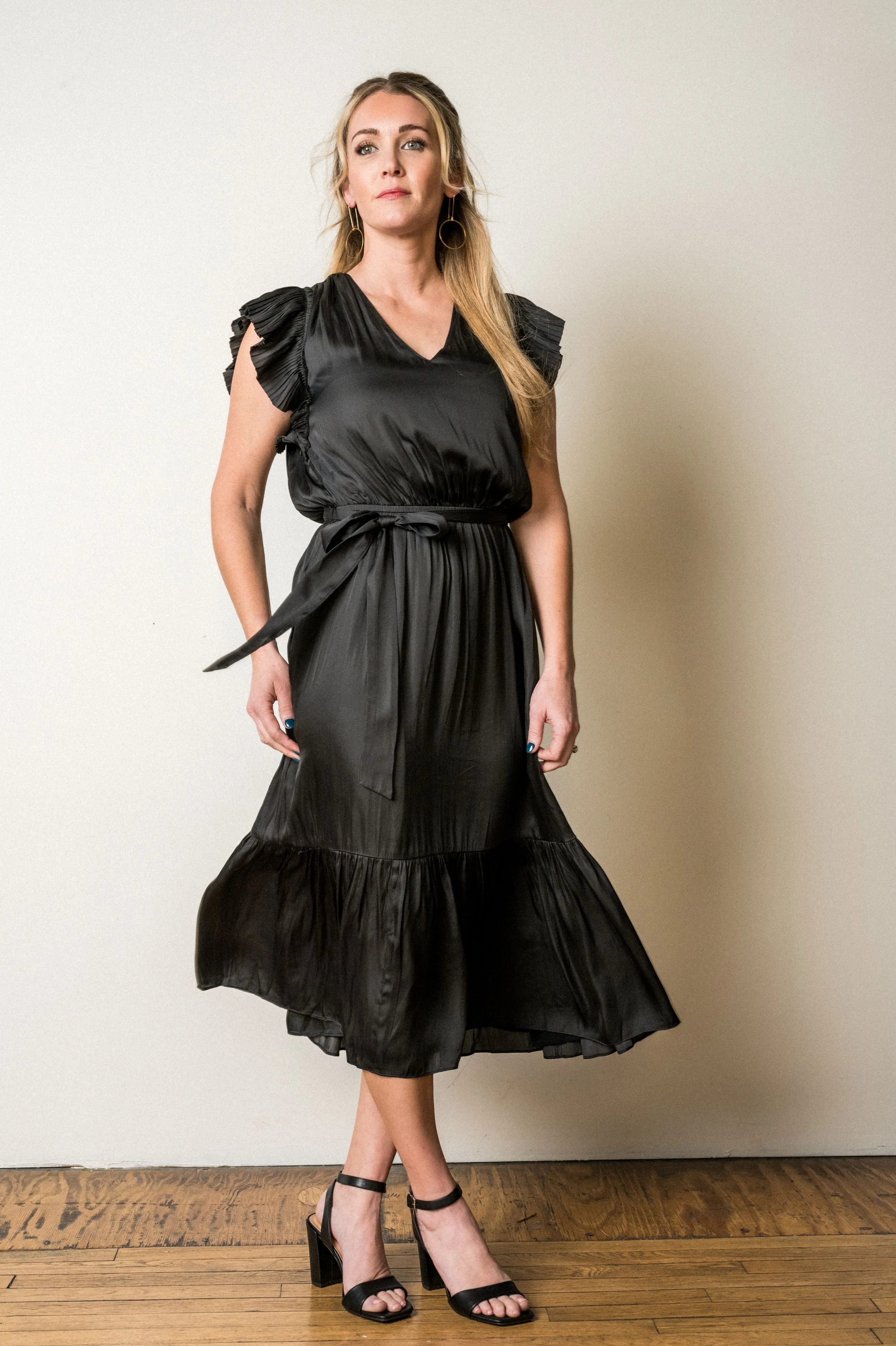 Isla Flutter Sleeve Belted V-neck Dress