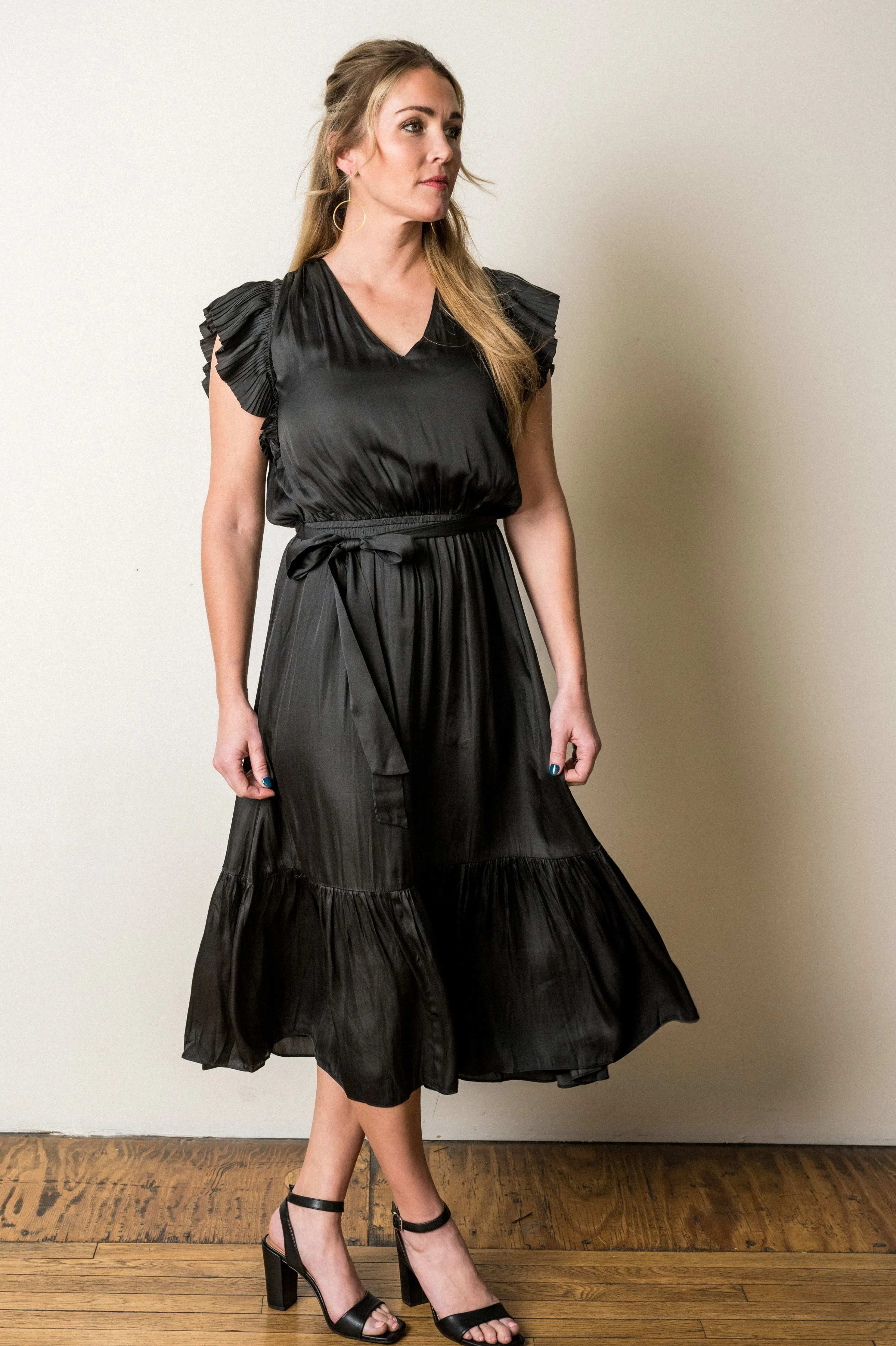 Isla Flutter Sleeve Belted V-neck Dress