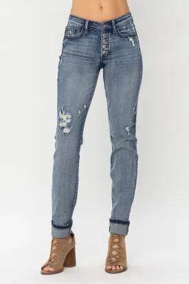 Judy Blue Plus Size Mid Rise Button Fly Contrast Wash Cuffed Boyfriend Jeans