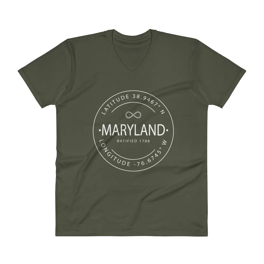 Maine - V-Neck T-Shirt - Latitude & Longitude