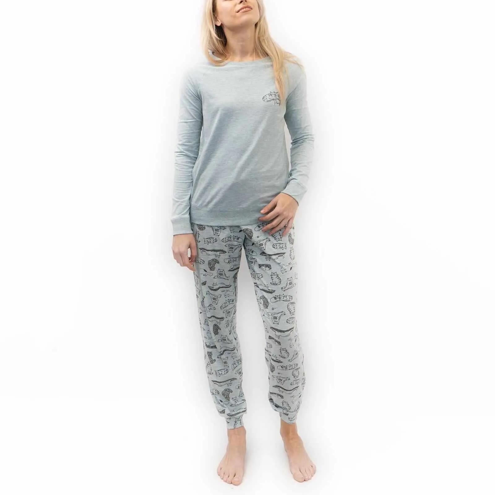 M&S Pyjama Set Long Sleeve Cat Print Cotton Jersey Relaxed Casual Trousers