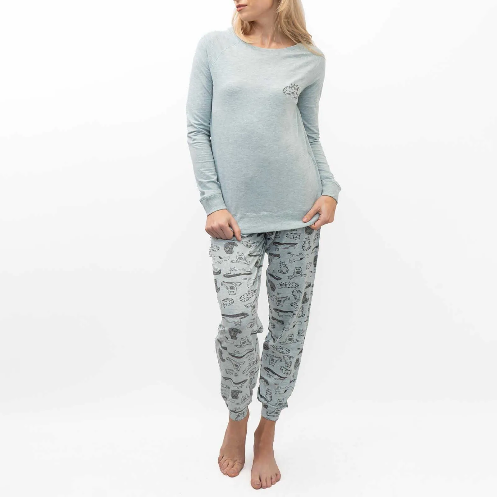 M&S Pyjama Set Long Sleeve Cat Print Cotton Jersey Relaxed Casual Trousers