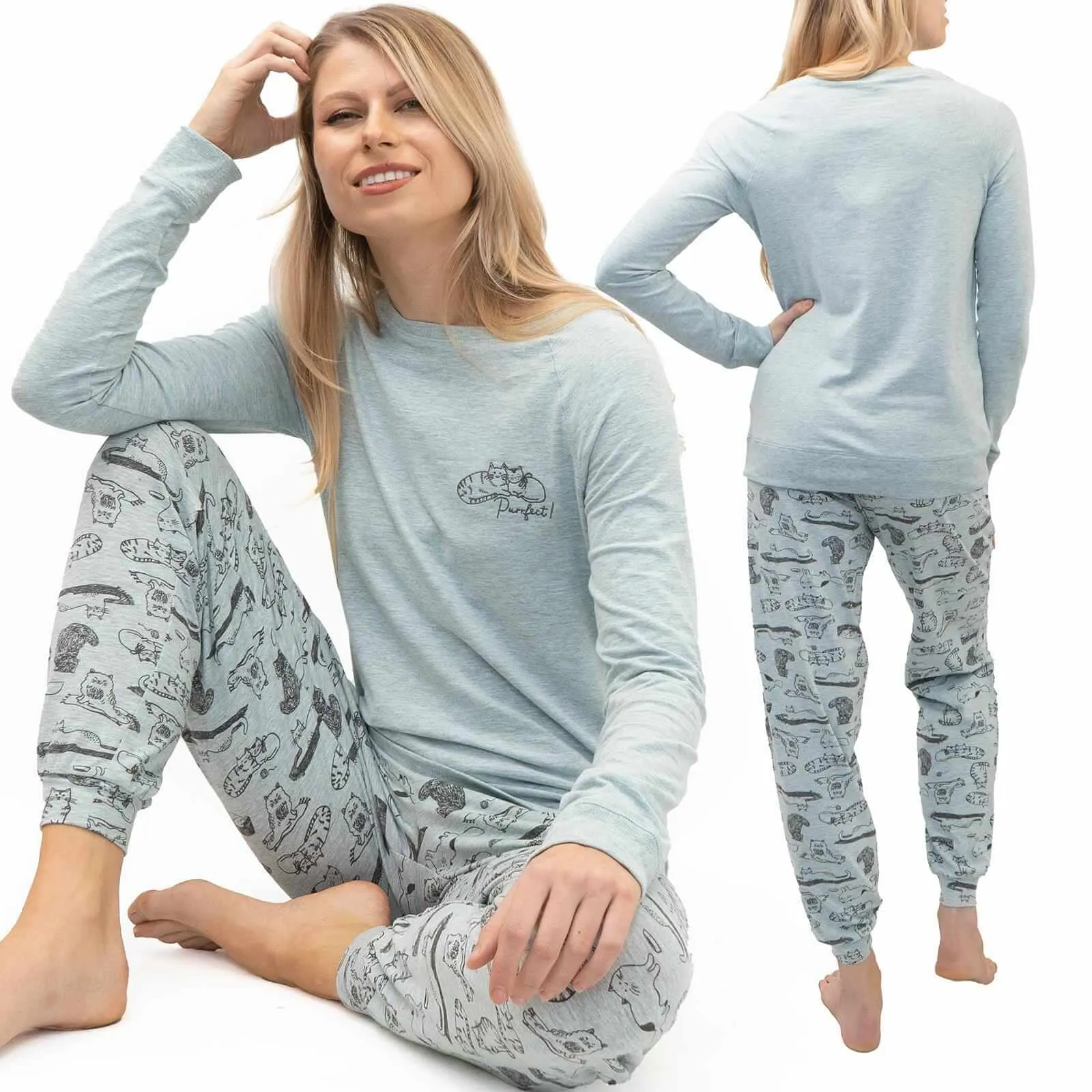 M&S Pyjama Set Long Sleeve Cat Print Cotton Jersey Relaxed Casual Trousers