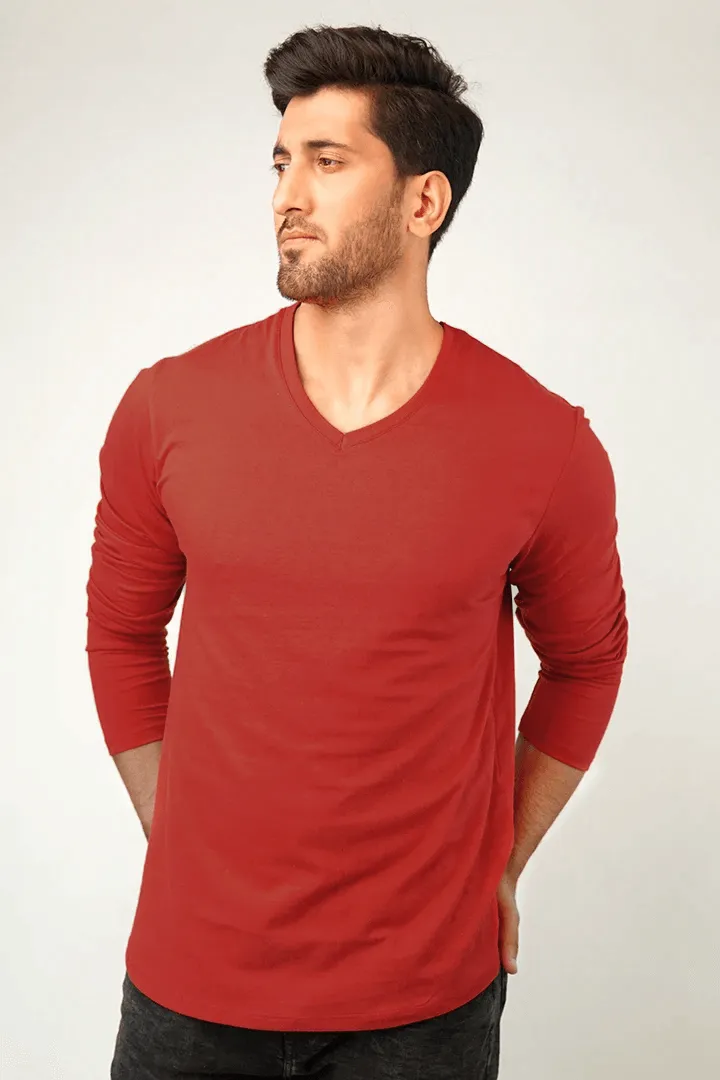 Maroon V-Neck Full Sleeve T-Shirt