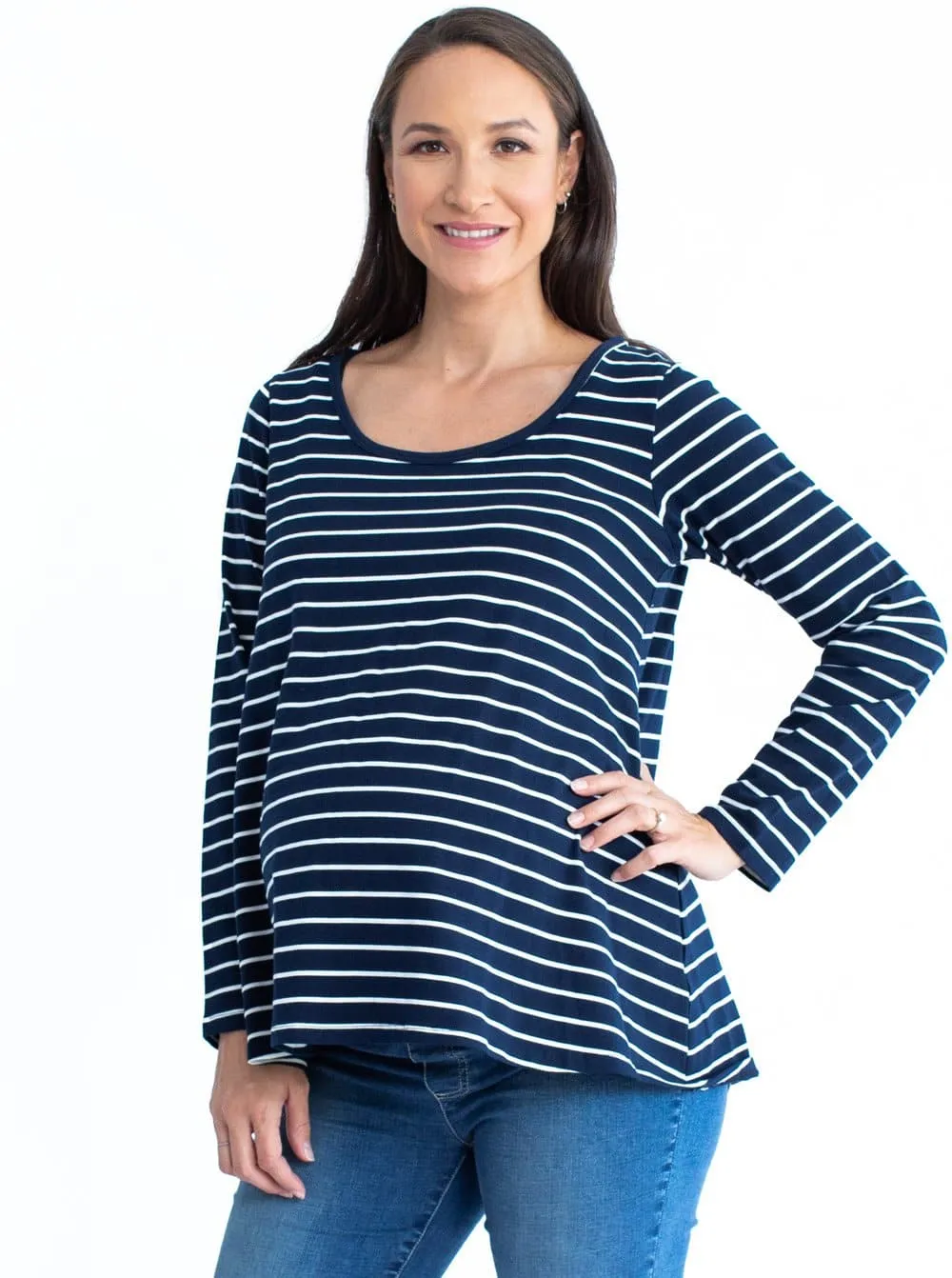 Maternity Cotton Swing Long Sleeve Tee Top - Stripes