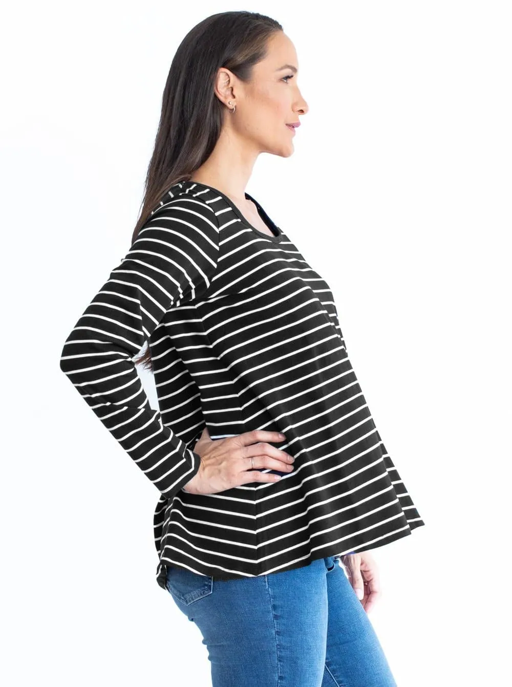 Maternity Cotton Swing Long Sleeve Tee Top - Stripes