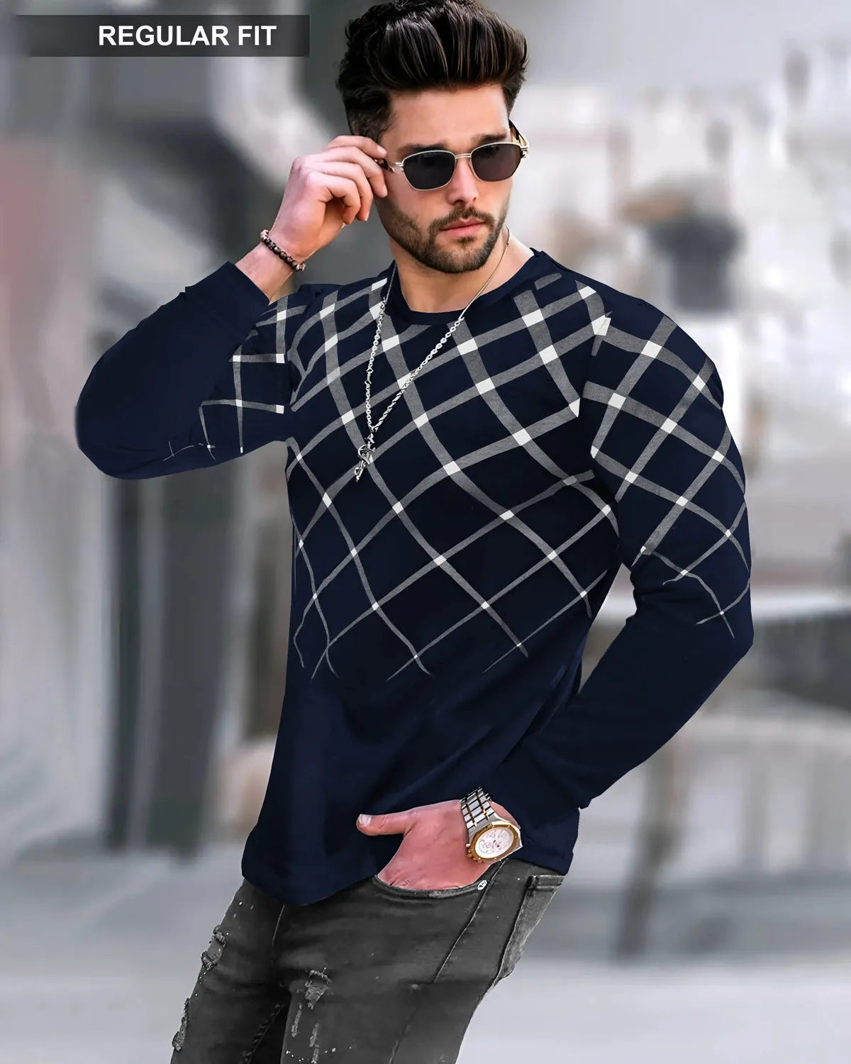 Men Printed Round Neck Cotton Blend Navy Blue T-Shirt