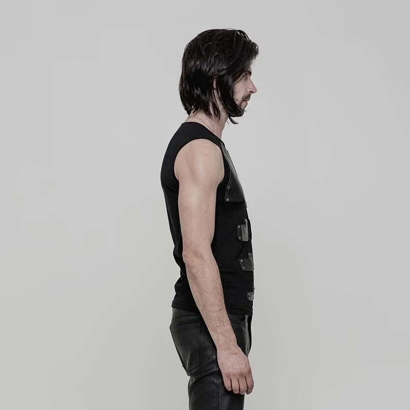 Men's Arrayed PU Deco Skinny Sleeveless T-shirt