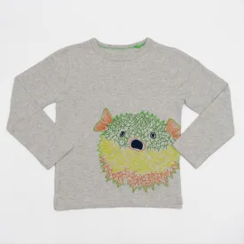 Mini Boden Boys Grey Puffer Fish T-Shirt Long Sleeve Jersey Tops